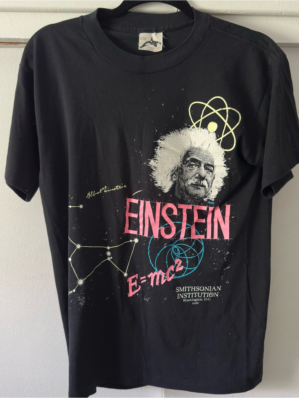 Vintage 1987 Smithsonian Einstein Graphic T-Shirt Black Large Harlequin